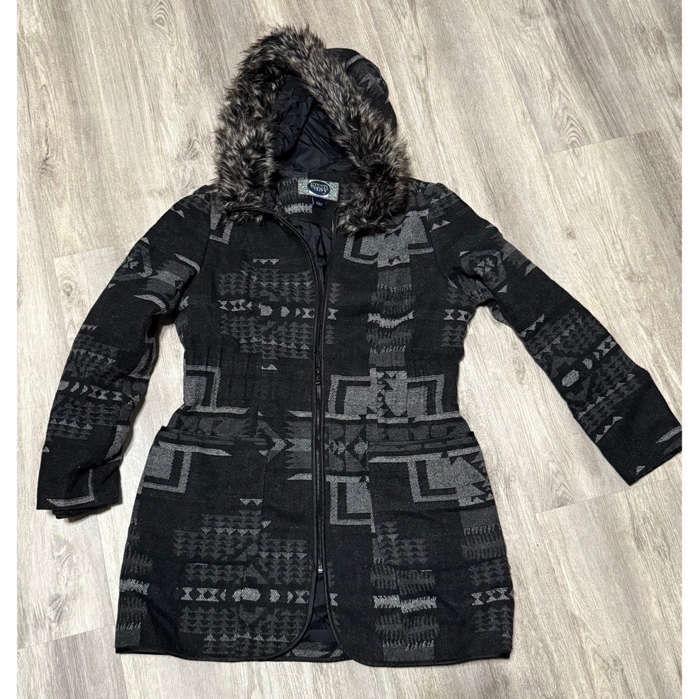 Green Envy Gray Aztec/Tribal Print Faux Fur Collar Hooded Jacket‎ Size Large